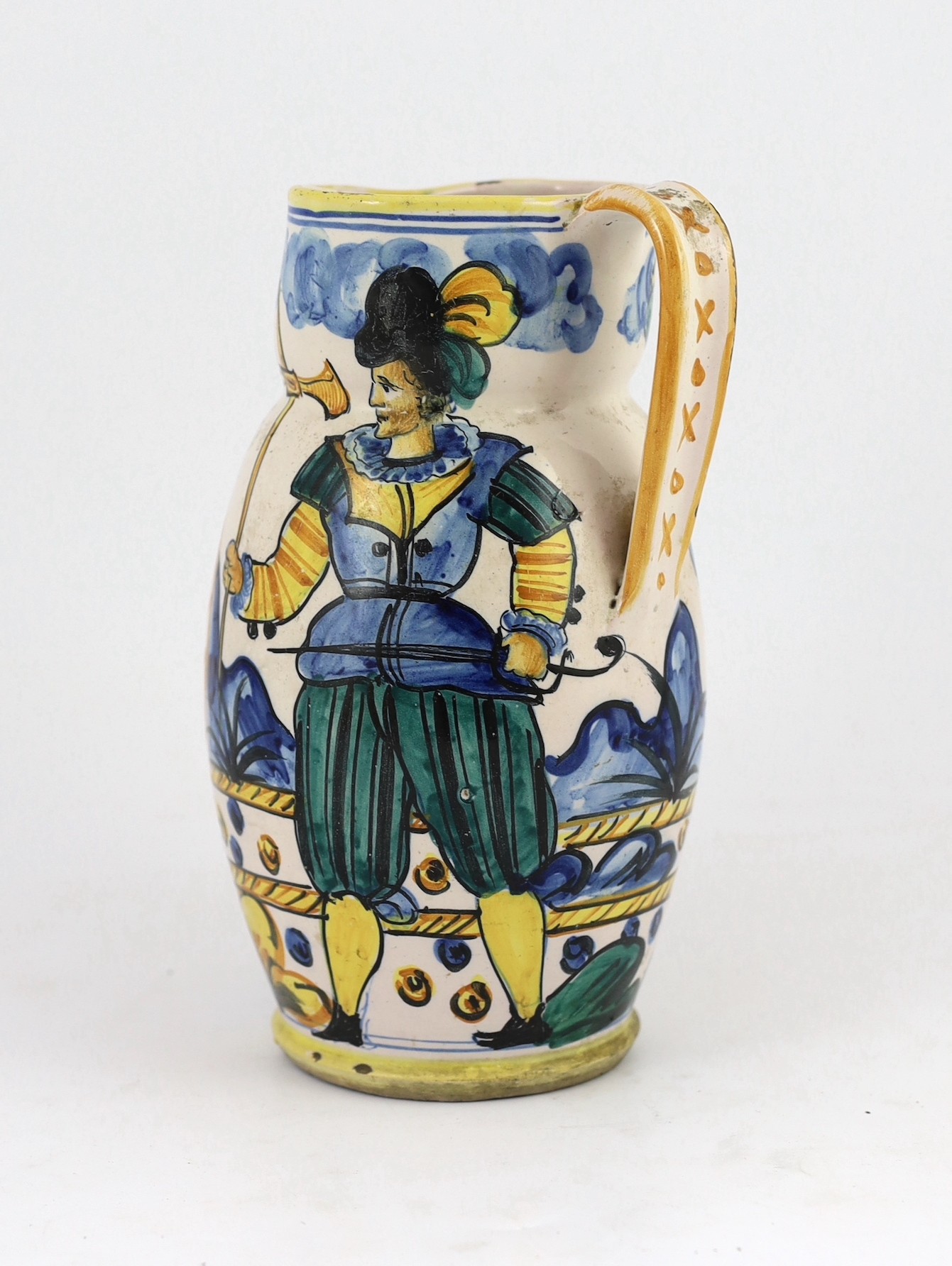 An Italian maiolica jug (boccale), probably Montelupo, 18th/19th century, 24.5cm high, minor damage